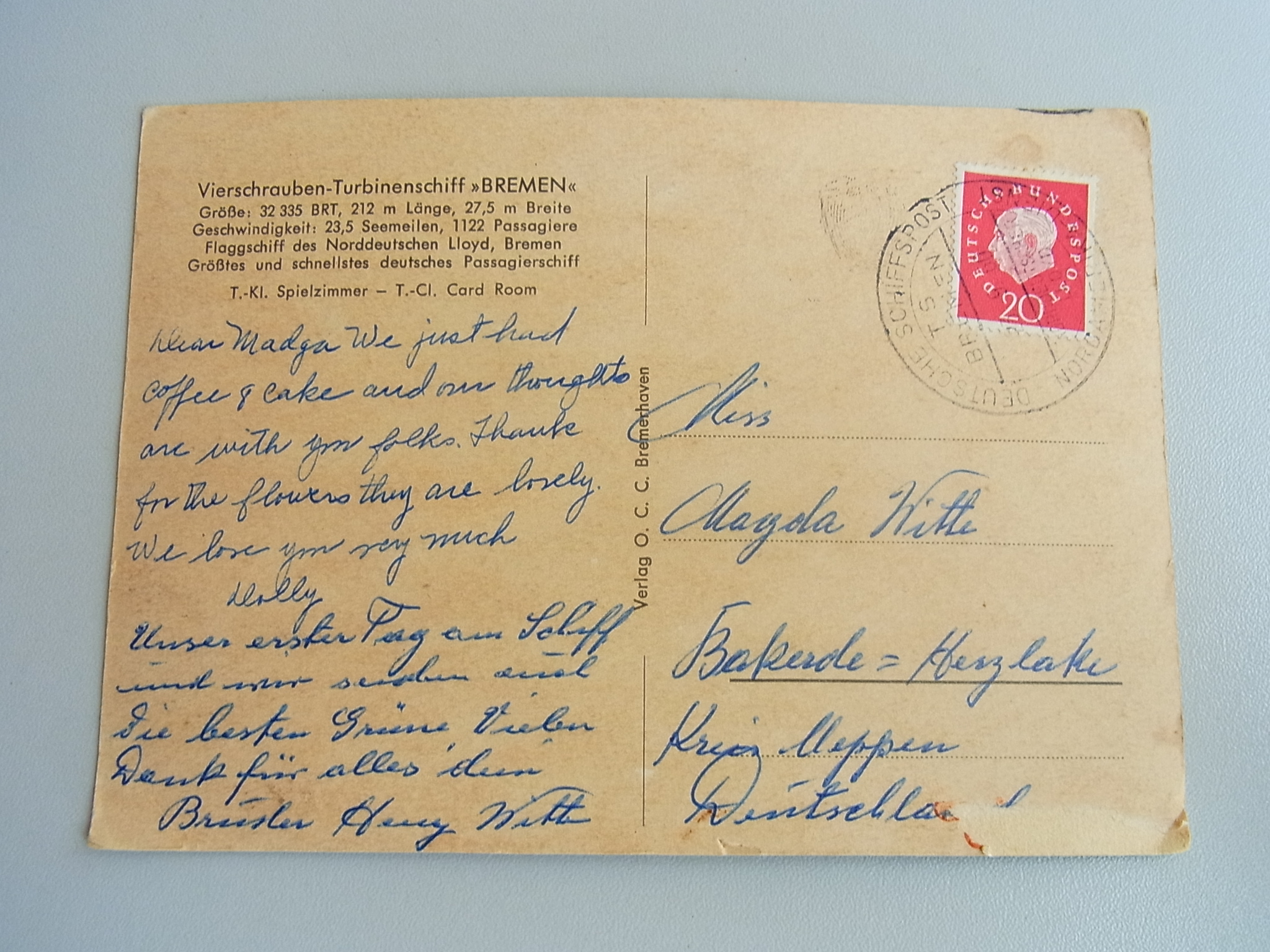 Textseite der Postkarte, mit Poststempel vom 23.09.1960